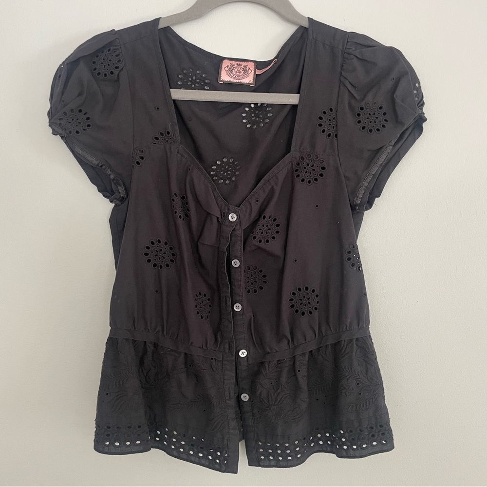 Juicy Couture Black Eyelet Button-Up Blouse with Sweetheart neckline size 2